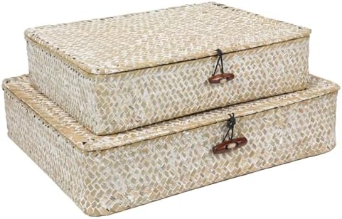 Set of 2 Flat Seagrass Storage Bins with Lid Wicker Storage Baskets for Organizing, Woven Shelf Organizer Bins Home Utility Organizer Box for Home & Office Supplies by FOSSORH