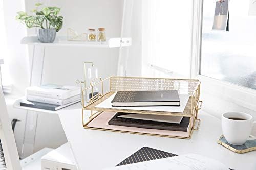 BLU MONACO | Paper Tray Stackable Gold Mesh Set of 2 | Stackable File Trays for Desk Organization | Tiered Desk Organizer with Metal Letter Trays - Image 2