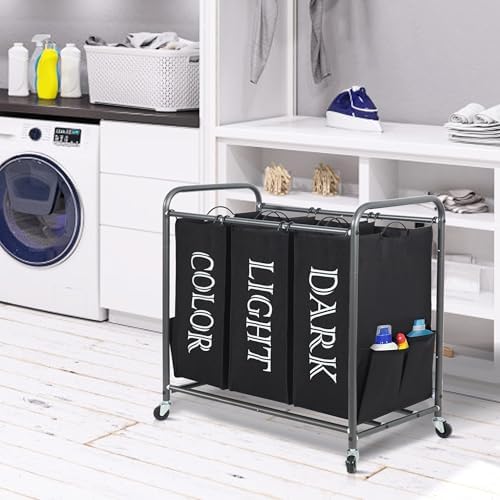 STORAGE MANIAC 3 Section Laundry Sorter Rolling Laundry Hamper, Label Black - Image 6
