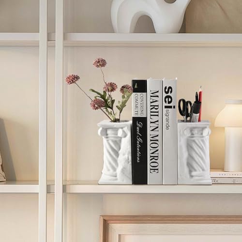 Decorative Roman Column Book Ends & Vase - Heavy Duty Marble Book Ends for Heavy Books, Vintage Home Office Decor, Dual Use as Flower Vase, Natural Stone Bookends for Shelves (2PC, White) - Image 5