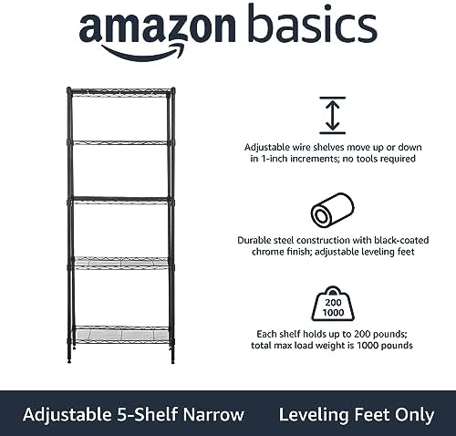 Amazon Basics 5-Shelf Multipurpose Adjustable Steel Garage Shelving Unit, Storage Rack for Kitchen, 200 lbs Per Shelf, Easy Assembly, 13.4"D x 23.2"W x 60"H, Black - Image 3