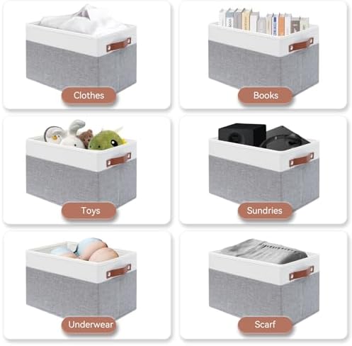 SNWDN 6 Pack Large Collapsible Fabric Storage Baskets with Handles (White/Grey 15''Lx13''Wx13''H) - Image 4