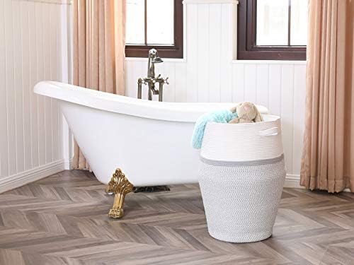 26"x20" Extra Large Tall Woven Laundry Basket with Lid, Cotton Rope Blanket Storage Basket, Freestanding Decorative Bin for Bedroom Living Room, White & Light Grey - Image 2
