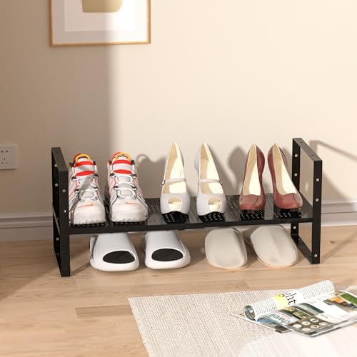 Multi-Functional Metal Shoe Rack,Expandable Adjustable Stackable Kitchen Organizer,Metal Shelf risers for cabinets, Kitchens and Closet, Bathroom(1Pack/Black/Medium) - Image 5
