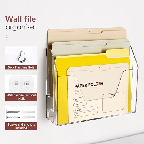 DINGHUO Acrylic Hanging Wall File Folder Organizer for Desk, Clear 3 Tier Document Paper Magazine Holder for Home, Office Organization, School - 1 Pack - Image 2