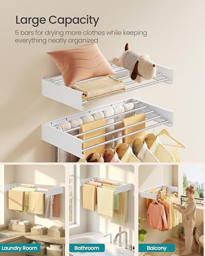 SONGMICS Clothes Drying Rack, Wall-Mounted, Foldable, with Storage Shelf - Image 5