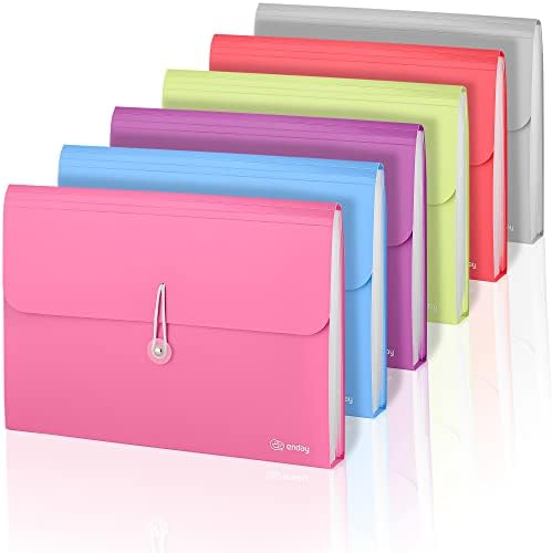 Accordion File Organizer, 13 Pocket Expanding File & Cover Folder with Labels, Plastic Portable Desktop Supplies Letter A4 Paper in Blue, Red, Green, Pink, Purple, Grey, Multicolor, (6 Pc) –By Enday by Enday