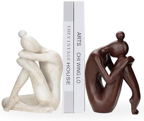 BANOMII Decorative Bookends for Shelves, Unique Book Ends for Home Office Decor, Meditation Girl Statue Book Stopper for Bookshelf Decor, Modern Abstract Aesthetic Decoration White & Brown by BanomiiHome