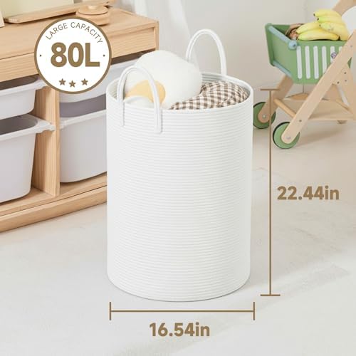CLHMILY&Z Laundry Hamper Round Storage Rope Basket in Living Room, Bedroom, Laundry Room for Toy, Clothes, Blanket, Pillow (White, 80L) - Image 5
