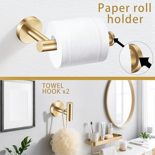6 Pieces Brushed Gold Bathroom Hardware Accessories Set Hand Towel Ring 16&23.6 inch Round Towel Bar Toilet Paper Holder Towel Hooks 2 Pieces SUS 304 Stainless Steel,Heavy Duty,Wall Mounted - Image 4
