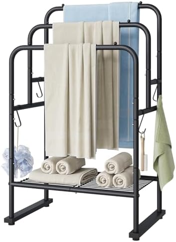 ELYKEN 3 Tier Freestanding Towel Rack with Shelf, 40" H Towel Stand, Black by ELYKEN