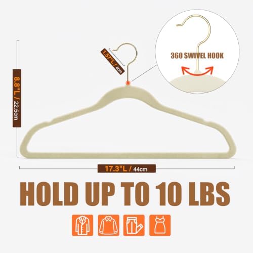 Flottian 60 Pack Beige Velvet Hangers Non Slip,Felt Hangers with Gold Hook - Image 2