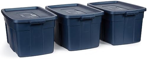 Rubbermaid Roughneck Tote 31 Gal, 3 Pack, Made in USA, Dark Indigo Metallic, Rugged Plastic Stackable Storage Bins with Lids and Handles by Rubbermaid