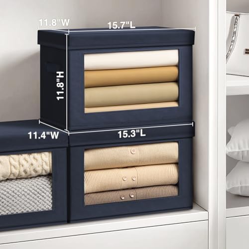 Homsorout Stackable Storage Bins with Lids - Large Storage Box with Lids, Foldable Closet Boxes for Organizing, Wardrobe Clothes Organizer with Window, Cubes Bins for Living Room, 6 Pack, Navy Blue - Image 2