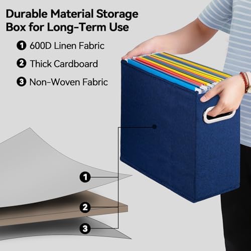 4 Pack Letter Size File Storage Box Collapsible, Fabric Hanging File Folders Organizer, Portable Office Document Holder with Metal Handle, Smooth PVC Rails, Blue - Image 3