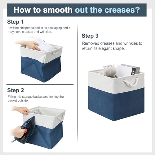 Posprica 11×11×11 Storage Cubes, Collapsible Storage Bins Organizer for Closet, Fabric Storage Box with Cotton Rope Handles, Decorative Storage Baskets for Shelves, set of 6 - White/Blue - Image 7