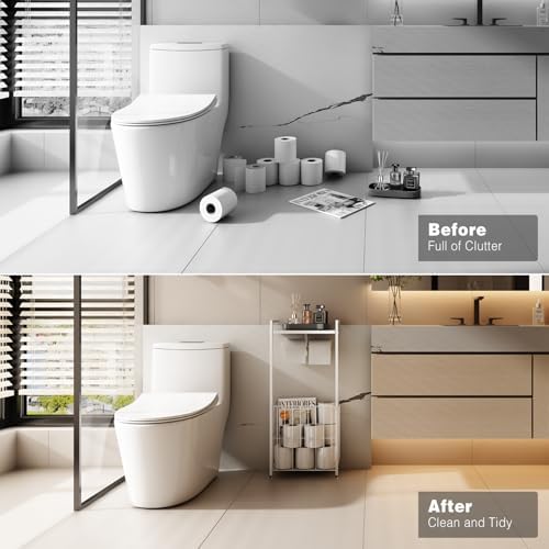 VOLDRA Toilet Paper Holder Stand with Storage Shelf, Free Standing Toilet Paper Roll Holder with Large Basket Heavy Duty Floor Double Tissue Dispenser for Bathroom Freestanding Tp Holder (Matte White) - Image 6