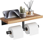 Tindbea Double Toilet Paper Holder with Wood Shelf, Wooden Wall Mount Toilet Paper Roll Holder, Matte Black Stainless Steel Bathroom Toilet Tissue Holder (Sapele, Matte Black) by Tindbea