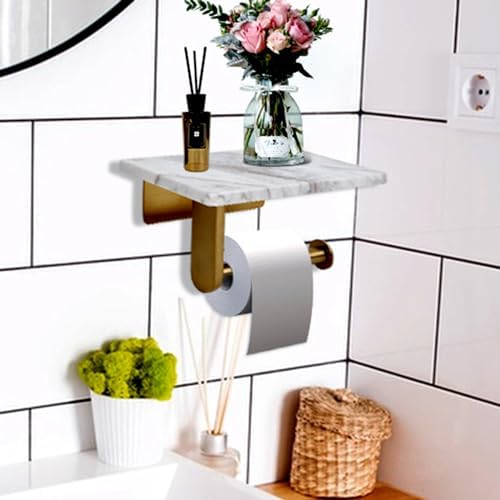 Toilet Paper Holder with Natural Marble Shelf for Bathroom Washroom,Wall Mounted Tissue Holder Suitable for Mega Roll (Brushed Gold, Middle 7.87 * 4.72 in) - Image 7