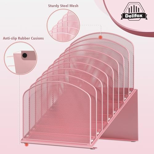 Inclined Desk File Organizer, 8-Section Upright Desk Organizer Standing File Sorter for Office Classroom Desktop Organization (Pink, 8) - Image 4