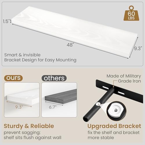 Fun Memories 48 Inch Floating Shelves in White, 9.3 Inch Deep Wall Shelves for Bathroom, Living Room, Bedroom, Kitchen, Deep Long Shelf Wall Mounted 1 Pack Shelf for Books, Decor - Image 3