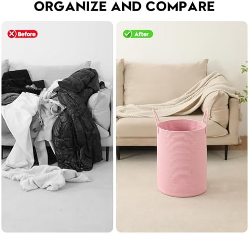 Laundry Basket Hamper Tall Rope Storage Woven for Blanket toys Dirty Clothes in Living Room Bathroom Bedroom (Pink, 100L/26.4Gal) - Image 6