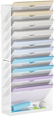Marbrasse Wall File Holder 11-Tier Hanging Wall File Organizer, for Papers, Files Clipboard & Magazine Organizer, Wall Mount File Holder Great for Office Home (White) by Marbrasse
