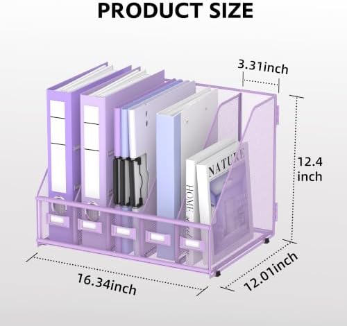 5 Vertical Compartments Magazine Holder, Metal Binder Organizer, Purple - Image 2