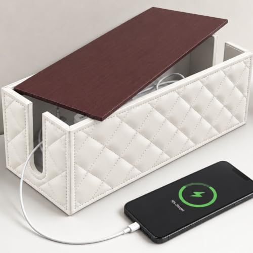 Premium Cable Management Box | Leather Cord Organizer Box with Lid | White by GCDSHome