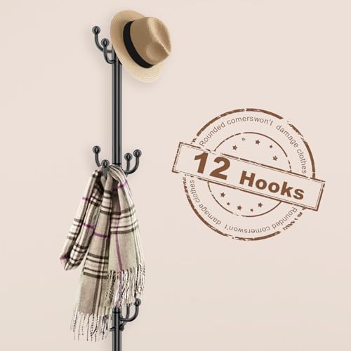 Coat Rack Freestanding, Coat Rack Stand with Umbrella Holder, Coat Tree, Coat Hanger Stand with 12 Hooks for Clothes Bag Hats, Hat Rack Hall Tree Coat Hanger Umbrella Stand for Entryway - Image 4