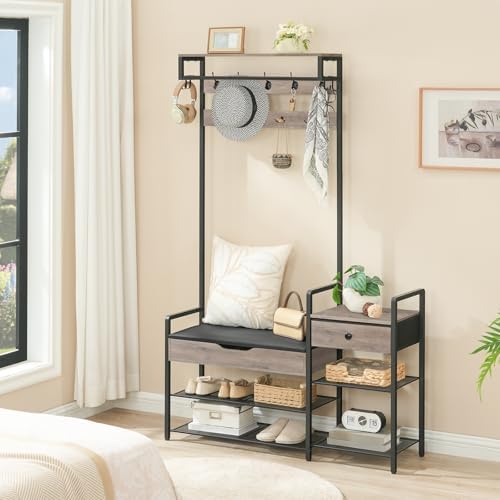 HOOBRO Hall Tree with Bench, Shoe and Coat Rack for Entryway, Coat Rack with Bench, Flip Top Storage Box, PU Cushioned Seat, Non-Woven Fabric Drawer, for Entrance, Greige and Black BG110MT01 - Image 6