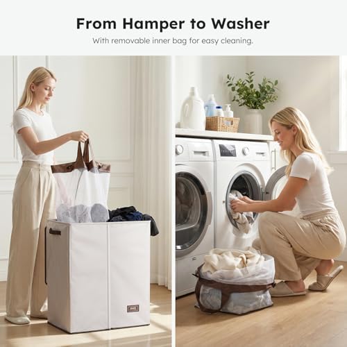 SOLEDI Luxury Double Laundry Hamper with Lid and Removable Bags, 38.3 Gal Large Laundry Bin, Laundry Basket 2 Sections, Collapsible Clothes Hamper for Bedroom, Laundry Room, Bathroom, Off-white - Image 5