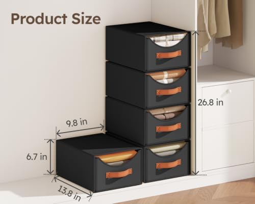 Homsorout Stackable Storage Drawers - Collapsible Storage Bins with Drawers, 4 Pack Closet Shelf Organizer Basket, Fabric Pull Out Organizer for Bedroom, Living Room, Dorm, Black - Image 3
