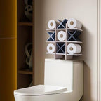 DAOYOUSKY Tic Tac Toe Toilet Paper Holder Stand with 4pcs Wooden X, Farmhouse Rustic Wall Mounted Funny Toilet Papers Storage Organizer with Shelf, Guest Bathroom Decor, White and Black - Image 3