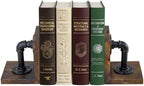 Bookends for Shelves, Heavy Book Ends with Extended Metal Base, Wood Non Skid Book Stopper, Antique Steampunk Industrial Pipe Office Decor for Men, Dark Brown L-Shaped Bookends Holder for Shelf (Pair) - Image 7
