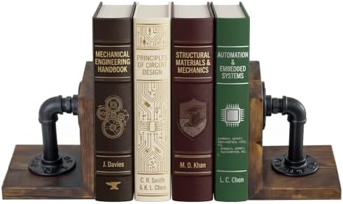 Bookends for Shelves, Heavy Book Ends with Extended Metal Base, Wood Non Skid Book Stopper, Antique Steampunk Industrial Pipe Office Decor for Men, Dark Brown L-Shaped Bookends Holder for Shelf (Pair) - Image 7