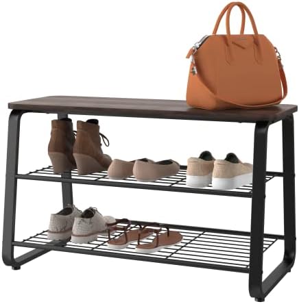 ClosetMaid 3-Tier Shoe Rack Bench - Metal Frame, Wire Shelves, Wood Seat - Entryway, Hallway, Living Room, Mudroom Organizer - Modern Walnut Finish by Unknown
