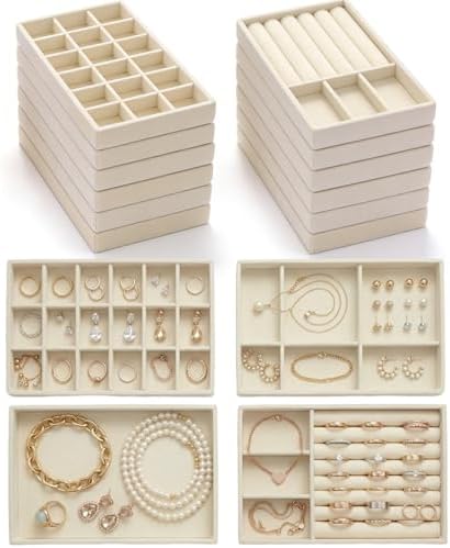 16 Pack Velvet Jewelry Trays for Drawers, Stackable Jewelry Organizer Trays with Dividers, 8.3 x 5 in Drawer Inserts for Rings Necklaces Earrings Bracelets, Beige by Nyuemystery