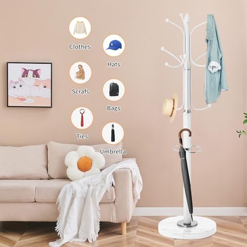 ZOZOE Metal Coat Rack Stand, Modern Coat Rack Freestanding with Natural Marble Base, Sturdy Coat Racks with 12 Hooks & Umbrella Holder,White Coat Tree Hanger Stand for Bags,Hats,Entryway,Office - Image 5