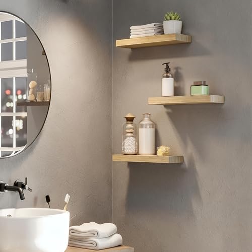 HOOBRO Floating Shelves for Wall, Wall Mounted Shelf Set of 2, 15.7" Hanging Shelf with Invisible Brackets, for Wall Decor Storage in Bathroom Bedroom Kitchen Living Room Office, Natural NL40BJ01 - Image 4