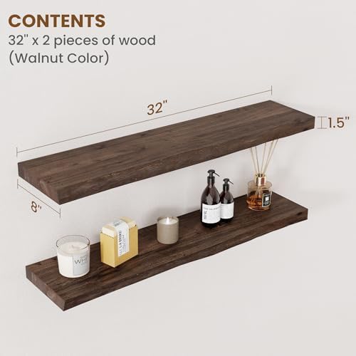 Floating Shelves for Wall Decor, Rustic Solid Elm Wood Live Edge Floating Shelves Wall Mounted, Wall Shelves with Invisible Bracket for Living Room Bathroom Bedroom Kitchen, 32 Inch Set of 2, Walnut - Image 2