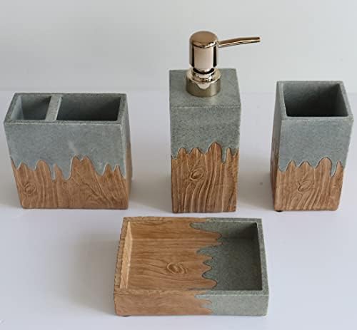 Hymmah Bathroom Accessories Set,Wooden Design Toothbrush Holder,Farmhouse Bathroom Decor,4 Pcs Resin Gift Set Apartment Necessities, Contain Toothbrush Cup,Soap Dispenser,Soap Dish,Tumbler - Image 3