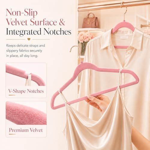 Smartor Pink Velvet Hangers 50 Pack, Non Slip Rose Gold Hook Felt Hangers - Image 2