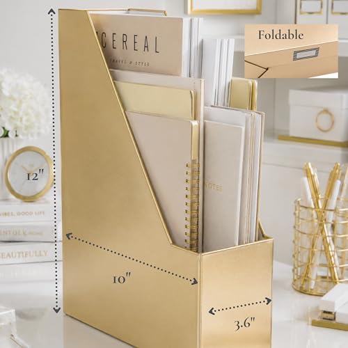BLU MONACO | Gold Cardboard Magazine File Holder Set of 4 | Vertical Magazine File Holder for Shelves | Standing File Holder Desk Organizer - Image 7