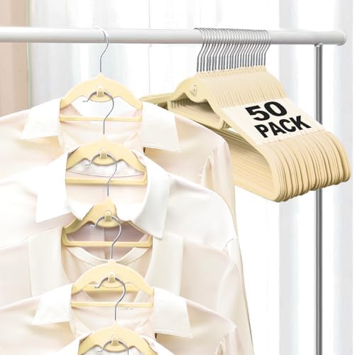 Velvet Felt Stackable Hangers 50 Pack, Thin & Space Saving, Ivory by UEAKPIC