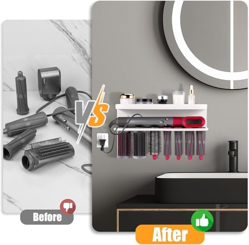 Wall Mount Holder for Dyson Airwrap Styler, White Storage Rack Organizer for Hair Curling Iron and Attachments, No-Drill Installation, NOT compatible with 2x (HS09) - Image 4