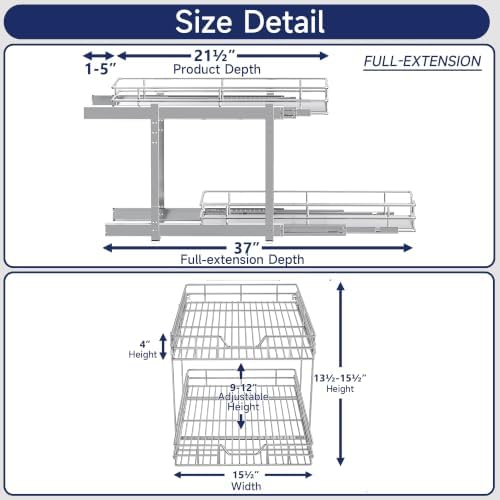 2-Tier Pull Out Cabinet Organizer, 15.5" W x 21.5" D, Heavy Duty Dual Slide Out Shelves for Base Cabinets, Chrome Wire Basket Drawer for Pantry, Kitchen & Bathroom Storage - Image 2