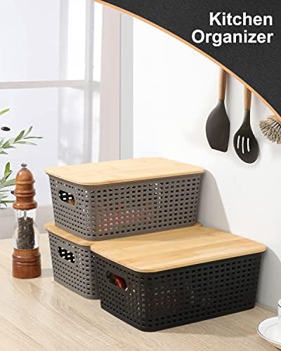 AREYZIN Storage Bins with Bamboo Lids Set of 6 Lidded Storage Container Plastic Baskets Organizer Bins for Organizing Kithen Room Bedroom Office Closet, Sturdy(Black) - Image 6
