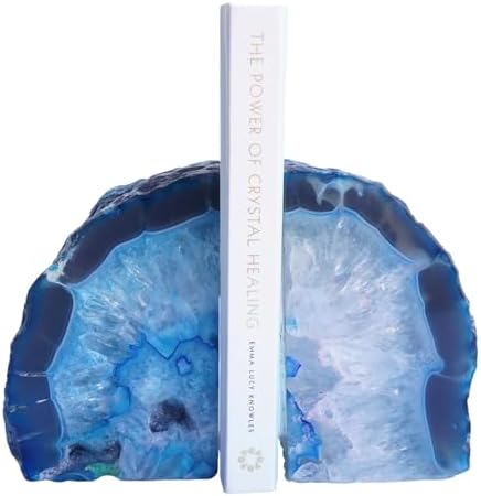 Natural Blue Dyed Agate Geode Bookends - 3 to 4 lb Heavy Duty Rock Crystal Stone Book Ends for Shelves, with Rubber Bumpers, Decorative Book Holders for Home Office by Sisamn