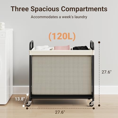 ELYKEN Laundry Hamper 3 Section, 120L Rolling Laundry Sorter with Wheels - Image 3